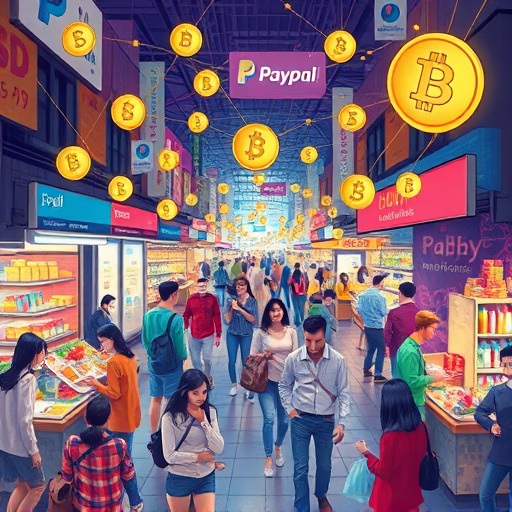 A vibrant illustration showing a bustling marketplace where users exchange PayPal USD (PYUSD) seamlessly via blockchain, emphasizing its role in payments and Web3 integration