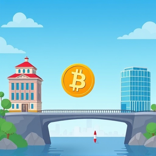 Visual metaphor of BGB token bridging CeFi financial building to Web3 decentralized world