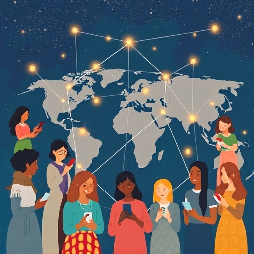 A whimsical illustration depicting diverse people from around the world using mobile phones to connect and form a gentle glowing network, representing community and accessibility in Pi Network
