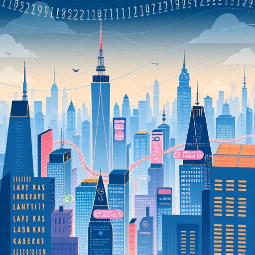 A whimsical illustration of a bustling digital city with high speed data streams flowing between skyscrapers representing the rapid transaction confirmations and growing ecosystem of Kaspa KAS with a sense of innovation and progress