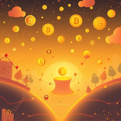 Whimsical illustration of Sky decentralized finance ecosystem with stablecoins USDS and governance token SKY