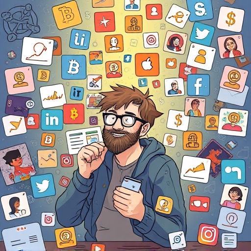 Whimsical illustration of a crypto enthusiast filtering valuable Twitter influencers from noisy social media profiles