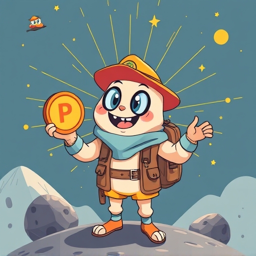 A whimsical illustration of a friendly digital guide holding up the POL token, showcasing its hyperproductive capabilities allowing exploration across multiple digital realms simultaneously, radiating innovation and potential