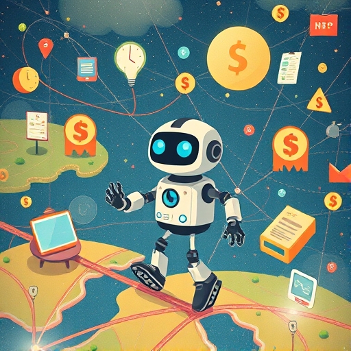 A whimsical illustration of a friendly robot navigating a complex map of interconnected digital exchanges seeking the best price paths for Jupiter DEX aggregator