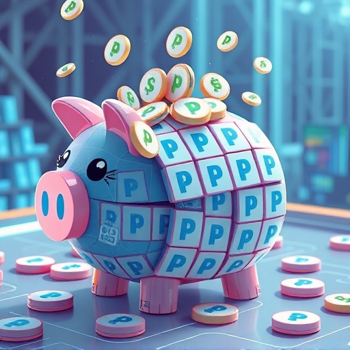 A whimsical illustration of a piggy bank made of blockchain blocks overflowing with PayPal USD (PYUSD) coins, symbolizing secure passive income and stability in crypto investments