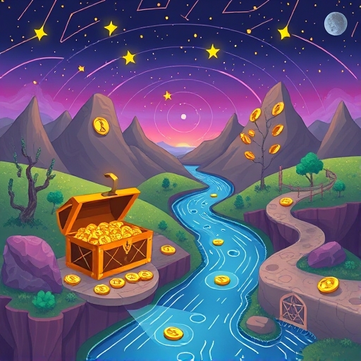 A whimsical illustration of a stylized Solana blockchain landscape with digital currency flowing to a JLP token treasure chest, highlighting Jupiter Perps LP