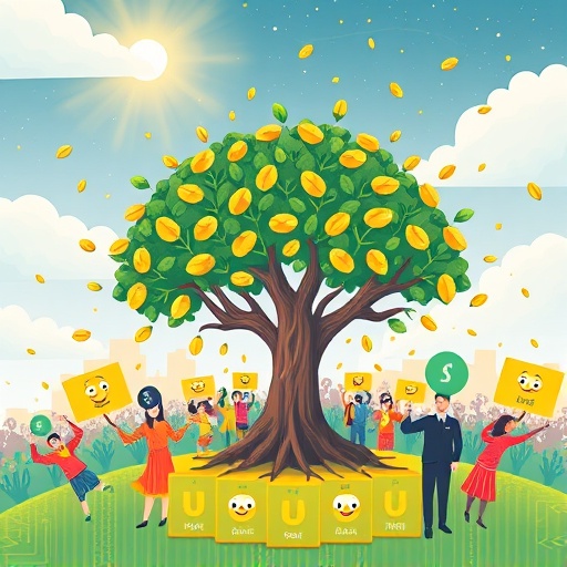 Whimsical Uniswap UNI token distribution illustration symbolizing decentralized governance and community rewards