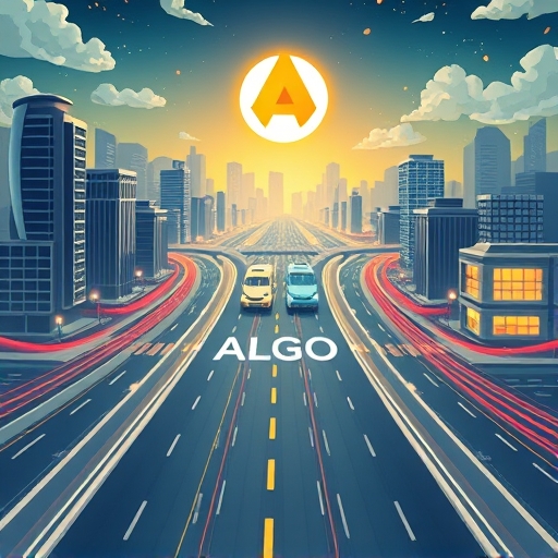 A whimsical illustration showcasing a futuristic financial highway with digital assets seamlessly flowing between high-tech cities and a prominent Algorand ALGO logo, emphasizing speed, security, and low transaction costs in blockchain