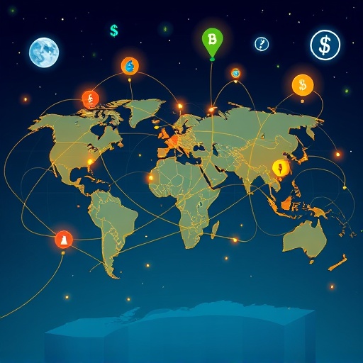 global map with glowing lines connecting various financial hubs, symbolizing the efficiency and reach of cryptocurrency for cross-border payments and financial inclusion