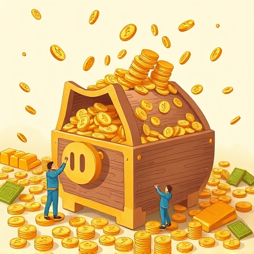 A whimsical illustration of a piggy bank overflowing with gold coins and digital tokens, highlighting accessible tokenized gold investments like XAUt for small investors