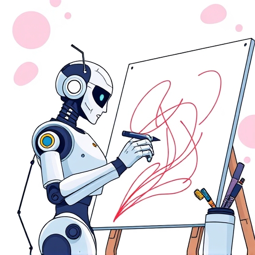 An AI robot and a human artist collaboratively sketching on a digital canvas with the Story Protocol logo subtly integrated into the background emphasizing automated licensing and revenue distribution in a vibrant illustration style