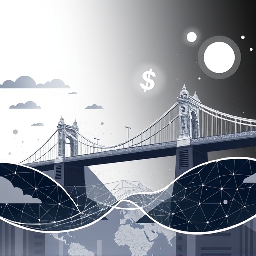 Abstract bridge illustration connecting traditional finance to WLFI DeFi world with political elements