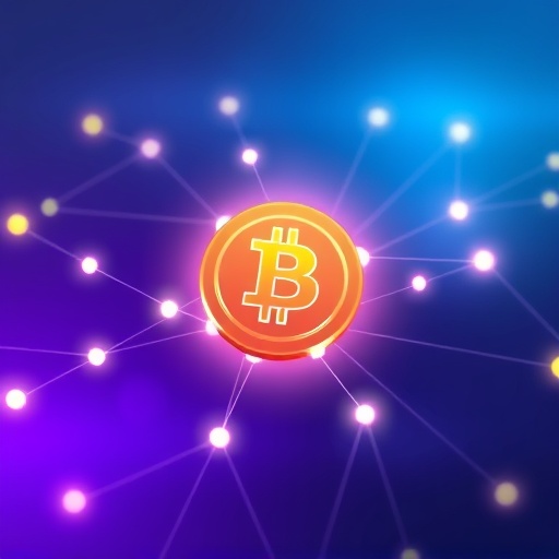 An abstract glowing digital OKB coin at the center of a network, symbolizing OKB token utility and OKX ecosystem integration