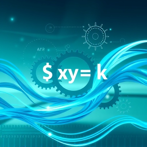 Artistic visualization of Uniswap automated market maker with gears representing constant product formula $xy=k$ in digital landscape