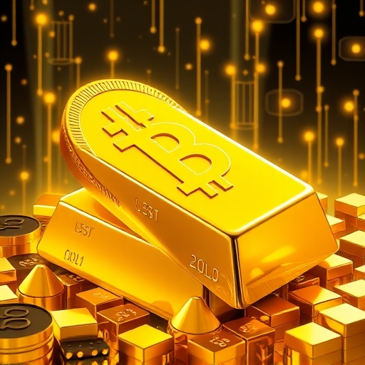 An artistic illustration depicting a golden cryptocurrency coin merging with a traditional gold bar, symbolizing Tether Gold XAUt as tokenized gold backed by real-world assets