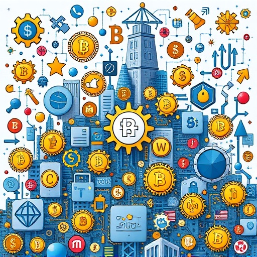 vibrant digital ecosystem overflowing with diverse cryptocurrency icons representing different functions and technologies like gears for smart contracts and shields for security