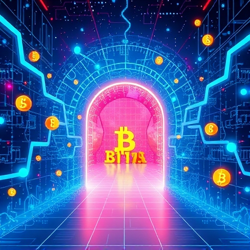 An artistic illustration of a futuristic gateway opening to a vibrant blockchain network with digital currency symbols flowing through, representing Jupiter as Solana's DEX aggregator