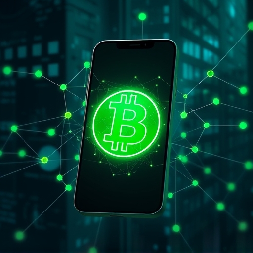 An artistic illustration of a smartphone displaying a vibrant green glowing Pi coin symbol surrounded by abstract blockchain network nodes and subtle digital light trails