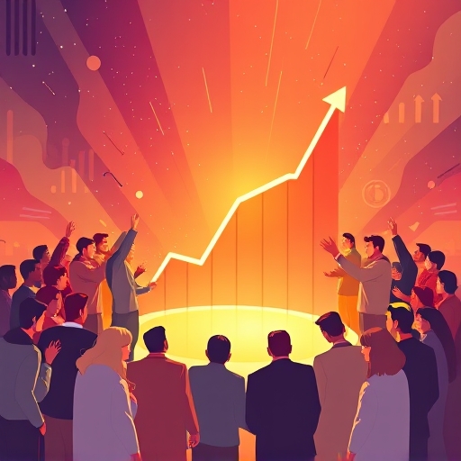 Energetic illustration of Pump.fun community around ascending bonding curve chart for meme coin growth
