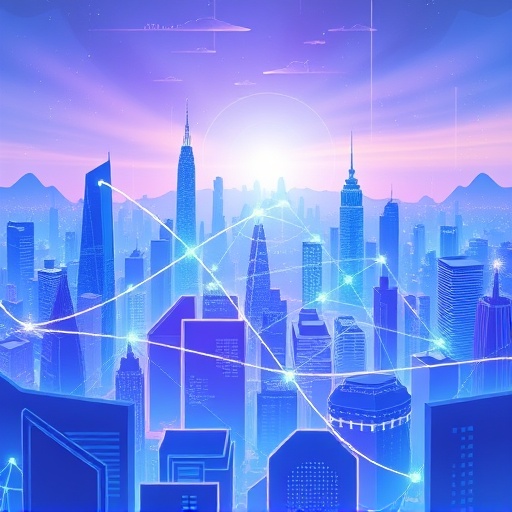 Ethereal digital cityscape representing Movement Network blockchain with glowing circuits and interconnected nodes for Ethereum scalability