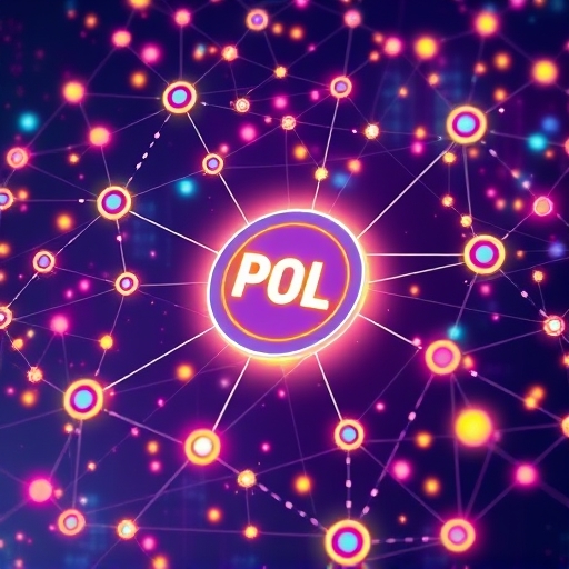 An illustration depicting a vibrant network of interconnected blockchains with the POL token at its core, glowing with energy and symbolizing digital ecosystem interconnectedness and efficiency