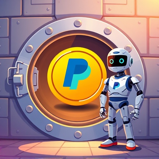 An illustration of a digital dollar coin with the PayPal logo emerging from a secure vault, highlighting PayPal USD (PYUSD) as a bridge between traditional finance and blockchain technology