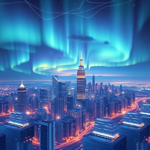 Futuristic city skyline with blockchain nodes and glowing data streams representing Aptos high-performance Layer 1 blockchain infrastructure