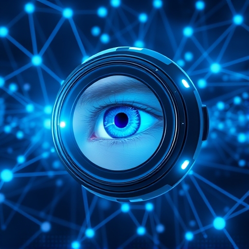 Futuristic Orb device scanning human iris with blue glow amid digital networks for Worldcoin global identity verification