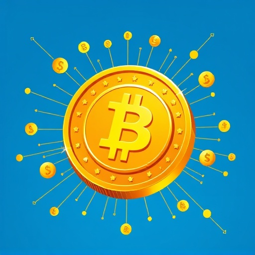 Golden Bitget Token (BGB) illustration surrounded by digital currency symbols and network lines representing value in the crypto ecosystem