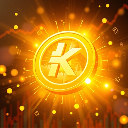 Stylized KuCoin Token (KCS) coin glowing with energy amid trading charts and blockchain nodes