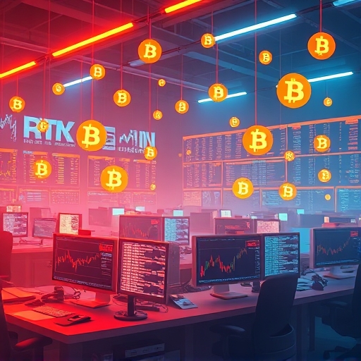Vibrant crypto exchange hub illustration showcasing HTX platform with glowing digital currency symbols and trading terminals