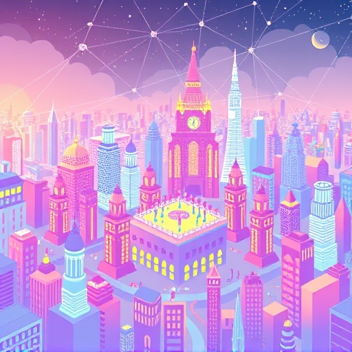 Vibrant digital city built on MemeCore blockchain technology symbolizing viral meme economy and community-driven growth