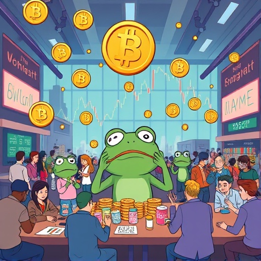 Bustling crypto marketplace with Pepe the Frog tokens and market charts depicting meme coin tokenomics and volatility