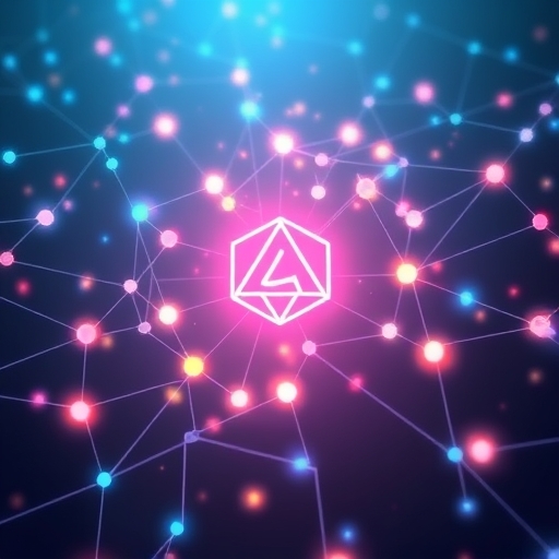 An illustrative depiction of a vibrant decentralized network with glowing interconnected nodes and an Algorand ALGO symbol at its center, symbolizing innovation and global connectivity in blockchain technology