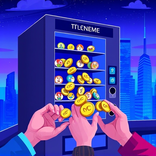 Imaginative digital vending machine illustration for Pump.fun bonding curve meme coin launches