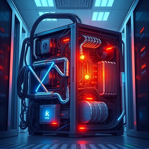 An intricate illustration showcasing a powerful ASIC mining rig with glowing components humming with energy emphasizing the PoW consensus and the kHeavyHash algorithm in a clean data center environment for Kaspa mining