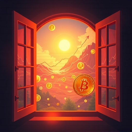 An open window revealing a vibrant cryptocurrency landscape with glowing digital coins and upward trending charts, illustrating the evolution of crypto as a global asset class