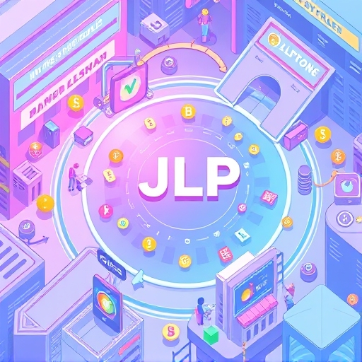 An overhead view illustration of a bustling decentralized exchange with diverse digital assets flowing into a central JLP pool, representing Jupiter Perps LP on Solana