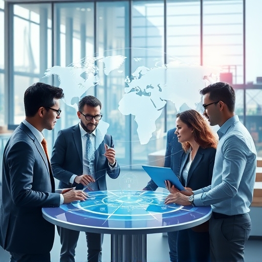 Digital art of global business professionals collaborating on holographic VeChain interfaces for secure supply chain insights and enterprise blockchain solutions