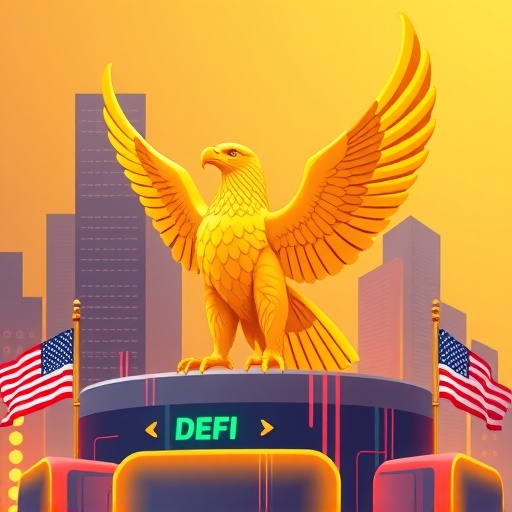 Illustration of a modern DeFi platform for World Liberty Financial (WLFI) with golden eagle symbolizing finance and freedom