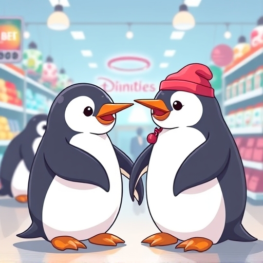 Illustration of cute pudgy penguins interacting in a vibrant digital metaverse with subtle nods to real-world retail elements for Pudgy Penguins PENGU token