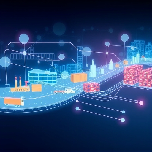 Illustrative art of a transparent supply chain visualized with flowing data streams connecting factories, warehouses, and consumers—perfect for understanding VeChain's blockchain tracking capabilities