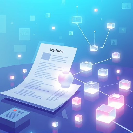 Illustrative scene depicting digital legal documents transforming into glowing interconnected blocks symbolizing programmable IP assets with a soft ethereal glow and a modern abstract feel