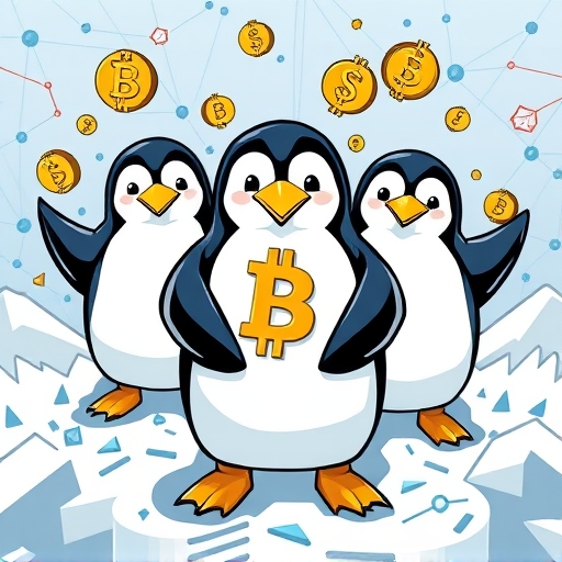 Stylized illustration depicting pudgy penguins characters surrounded by digital currency symbols and abstract blockchain network nodes for PENGU token future