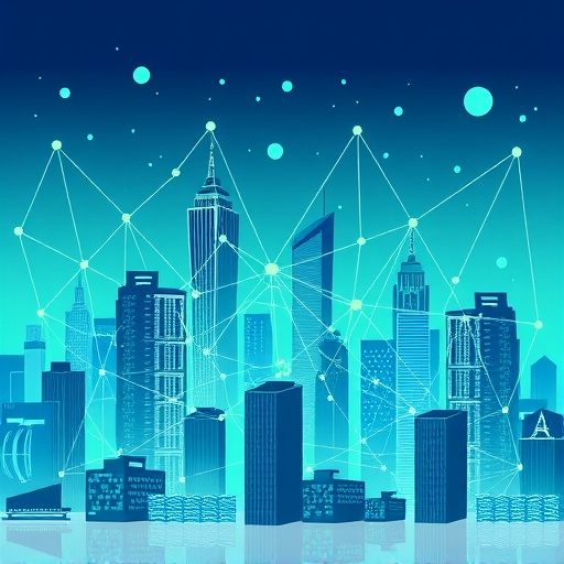 Stylized blockchain network illustration for WLFI tokenomics showing transition from traditional finance to DeFi cityscape