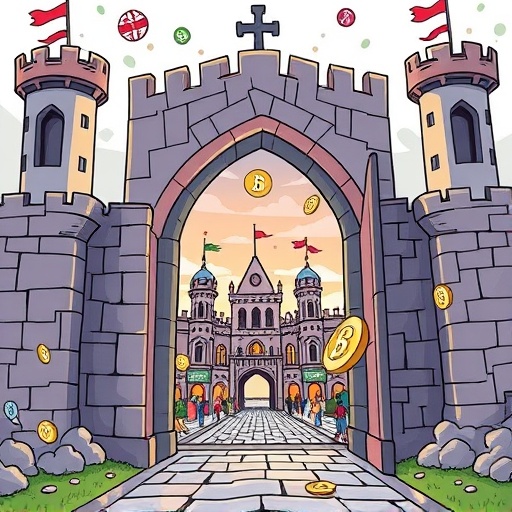 Stylized digital marketplace gateway symbolizing secure access to World Liberty Financial USD1 stablecoin ecosystem