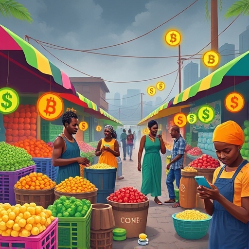 Vibrant illustration of a Nigerian marketplace scene with digital currency symbols subtly integrated into market stalls and people interacting with mobile devices for cryptocurrency transactions like selling Bitcoin in Nigeria