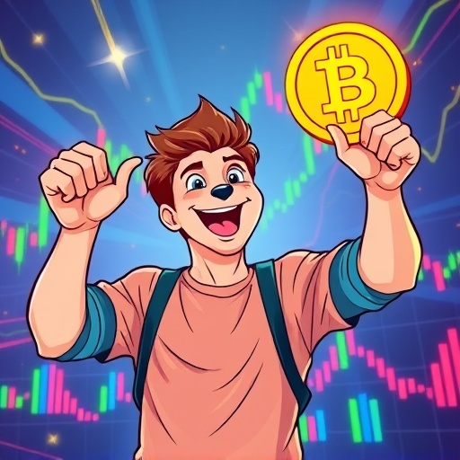 Vibrant illustration of a young man exuberantly holding a Dogecoin symbol against fluctuating crypto charts symbolizing the rise of a Dogecoin millionaire
