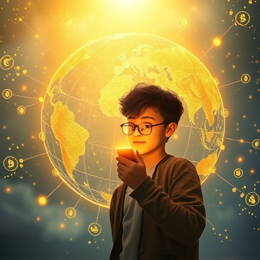 Curious cryptocurrency investor examining glowing ONDO token globe representing interconnected RWA financial markets in ethereal light