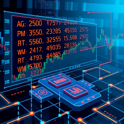a detailed illustration of a digital stock market ticker displaying rapidly changing cryptocurrency prices, overlaid on a stylized representation of the Sei blockchain architecture showing parallel processing capabilities